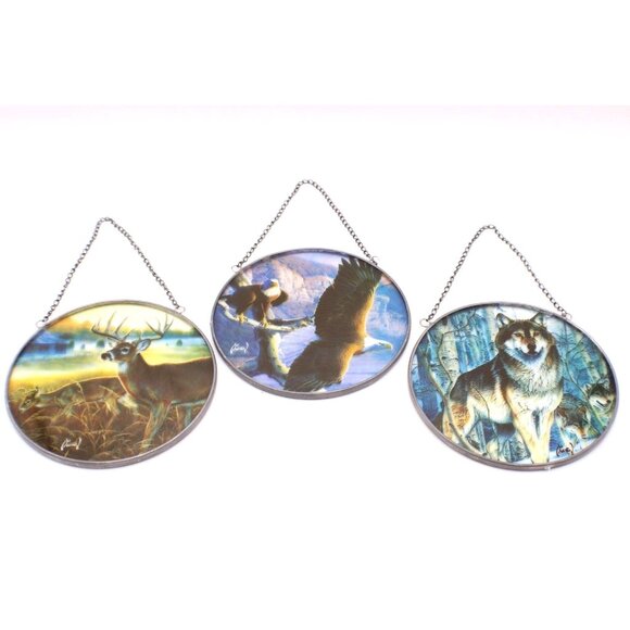 Al Agnew Wildlife Suncatchers Deer Eagle Wolf Round Metal Framed Home Decor Vtg - Picture 1 of 7